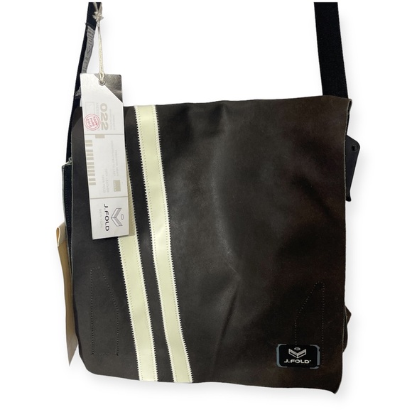 NWT J.FOLD Men’s Messenger Bag SHOULDERED Brown Leather Crossbody White Stripe - Picture 4 of 16